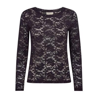 Langarmshirt FREEQUENT "Style Saldo", Damen, Gr. L, schwarz (nightshade), Spitze, Obermaterial: 95% Polyamid, 5% Elasthan, unifarben, körpernah hüftbedeckend, Rundhals, abgesteppte Kante, Shirts Langarmshirt, mit Spitzen-Details / Transparenter Look