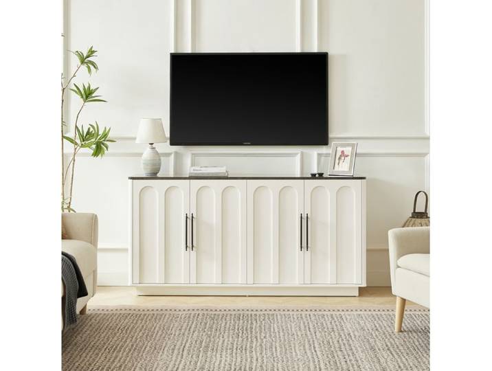 Buffet bas 4 portes IVMEU 160 cm soft-close anti-basculement MDF blanc et noir