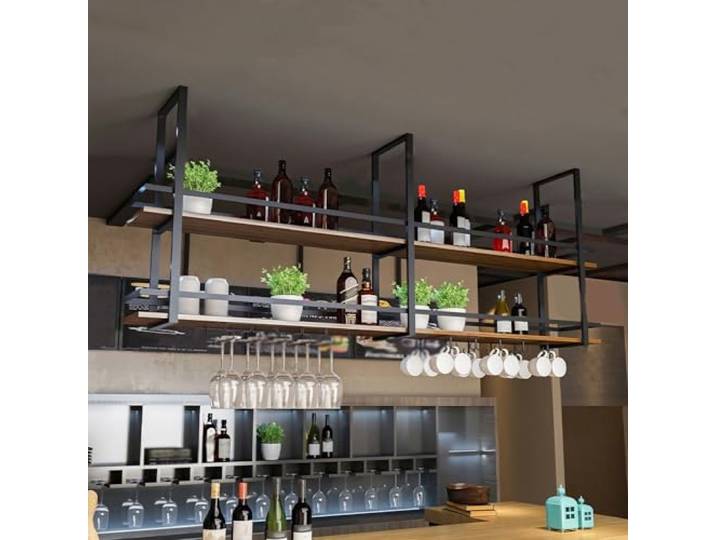 Deckenregal Weinregal mit glashalter, Hängend Wein Flaschenregal 140cm Industrieller 2-Lagiger Hängendes Weinregal Sicherheitsgeländern, Weingläser und Präsentation für Küche, Bar Esszimmer