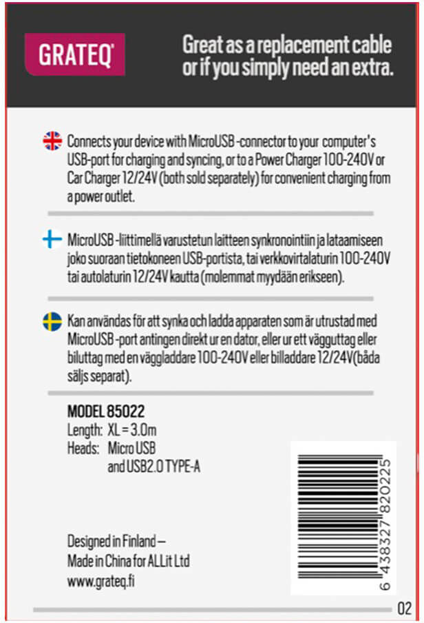 Grateq Micro-USB Kaapeli 3m, Valkoinen