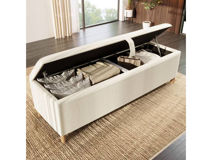 Banc coffre rembourré 145x38x46cm - velours côtelé - Beige