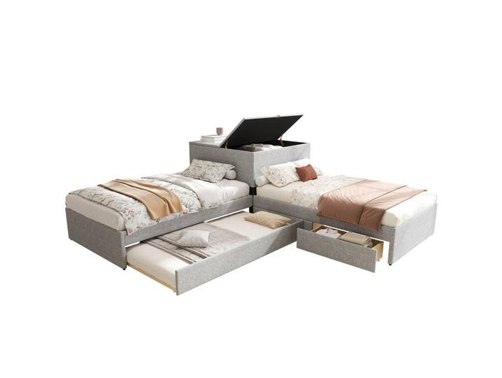 Redom Eckbett 90/200 cm mit Ausziehbett, Stauraumschrank, 2 Schubladen und Leinenbezug, Grau, 90x200 cm, Schlafzimmer, Betten, Boxspringbetten