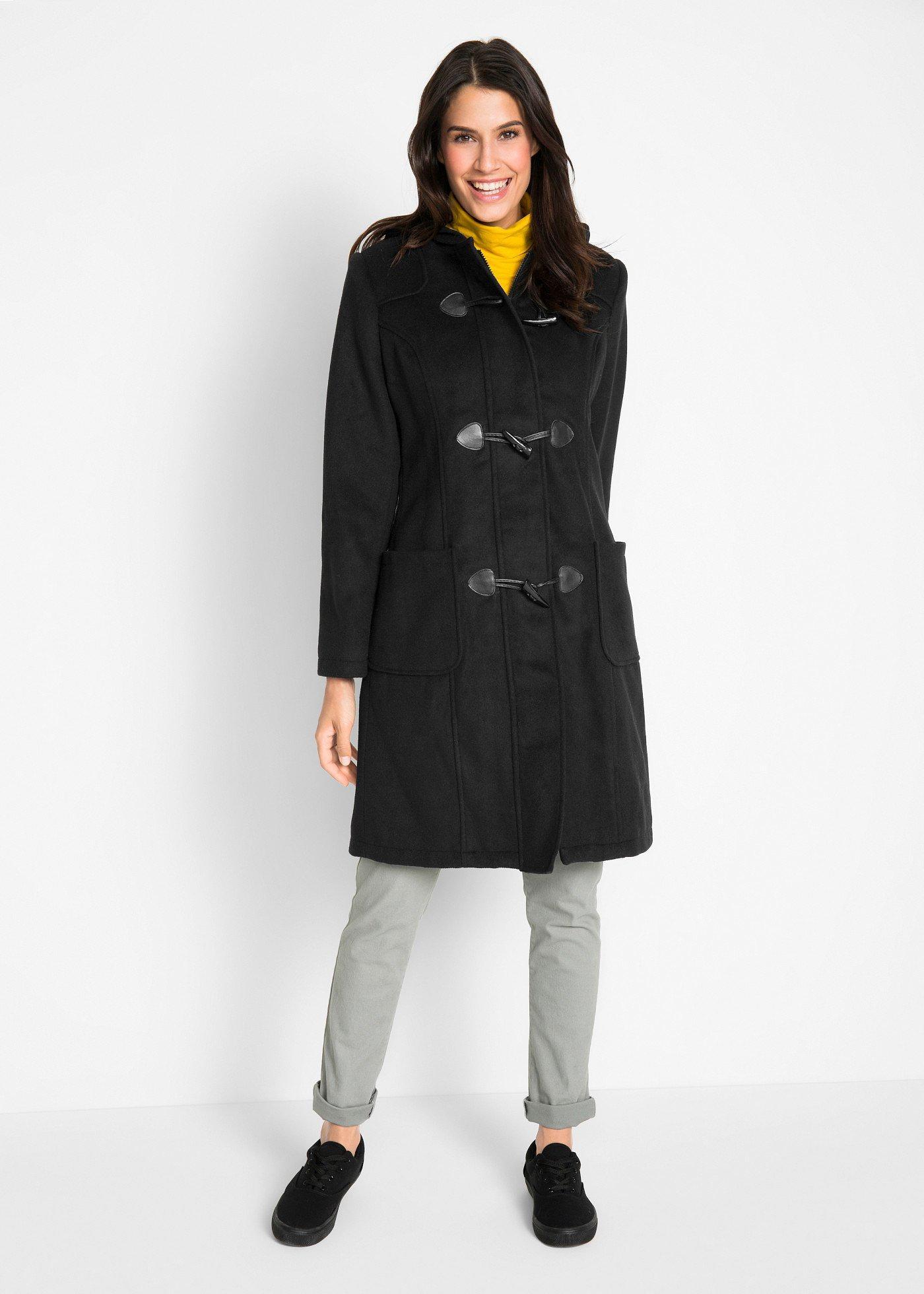 bonprix Dufflecoat in Wolloptik, schwarz, Gr.42, Schöner Dufflecoat mit auffallenden Knebelknöpfen umspielt die Figur