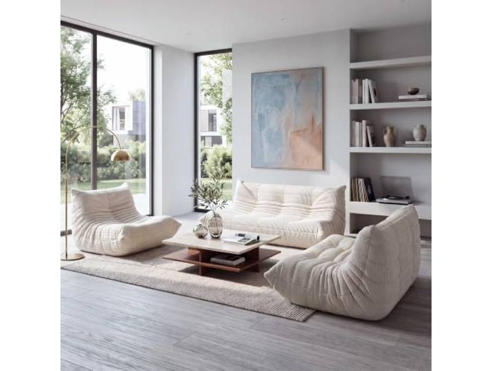 Mendler Sofa-Garnitur HWC-R34, 3-/2-Sitzer Sessel Stoff Cord (300g/m²) - cremeweiß