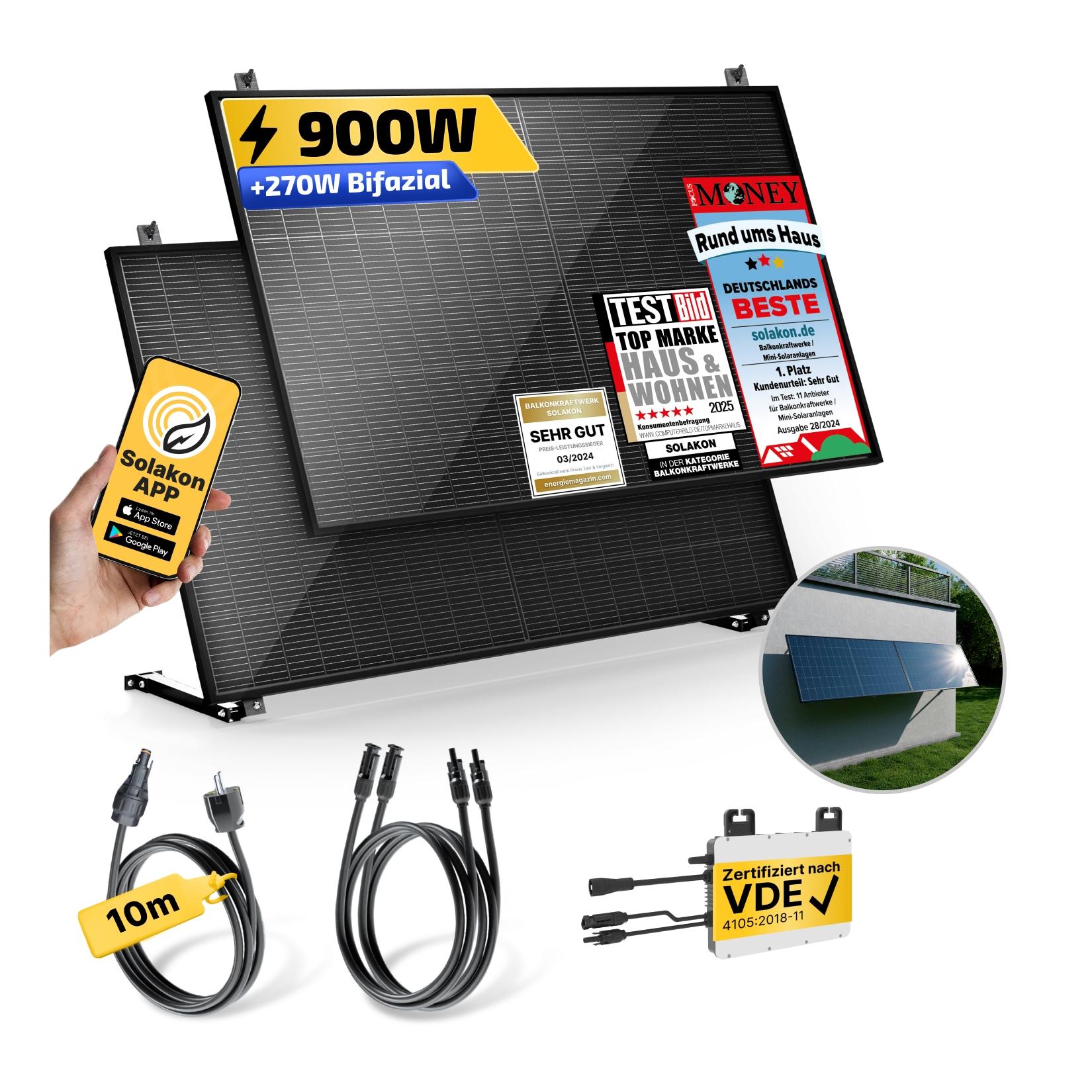 Balkonkraftwerk 900W/800W Solaranlage mit Wand/Gartenhaus Halterung Steckerfertig WIFI Komplettset Photovoltaik Anlage 800W, Kabellänge: 10m