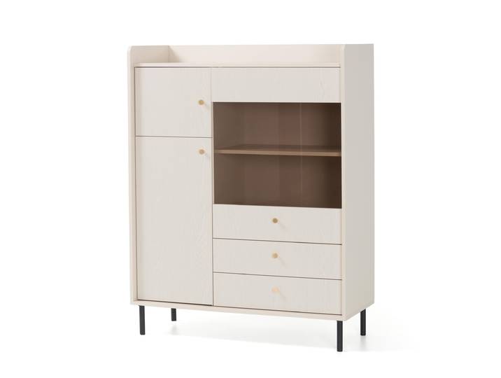 Kommode GLORIA Highkommode mit 2 Schubladen und 3 Türen davon 1 mit Glasfront, Sand Beige, Moderner Stil