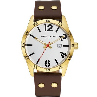 Quarzuhr BRUNO BANANI "Street Rebel", braun (braun, weiß), Armbanduhren, Herren, goldfarben, Quarzuhr, Armbanduhr, Herrenuhr, Lederarmband, analog, Tag