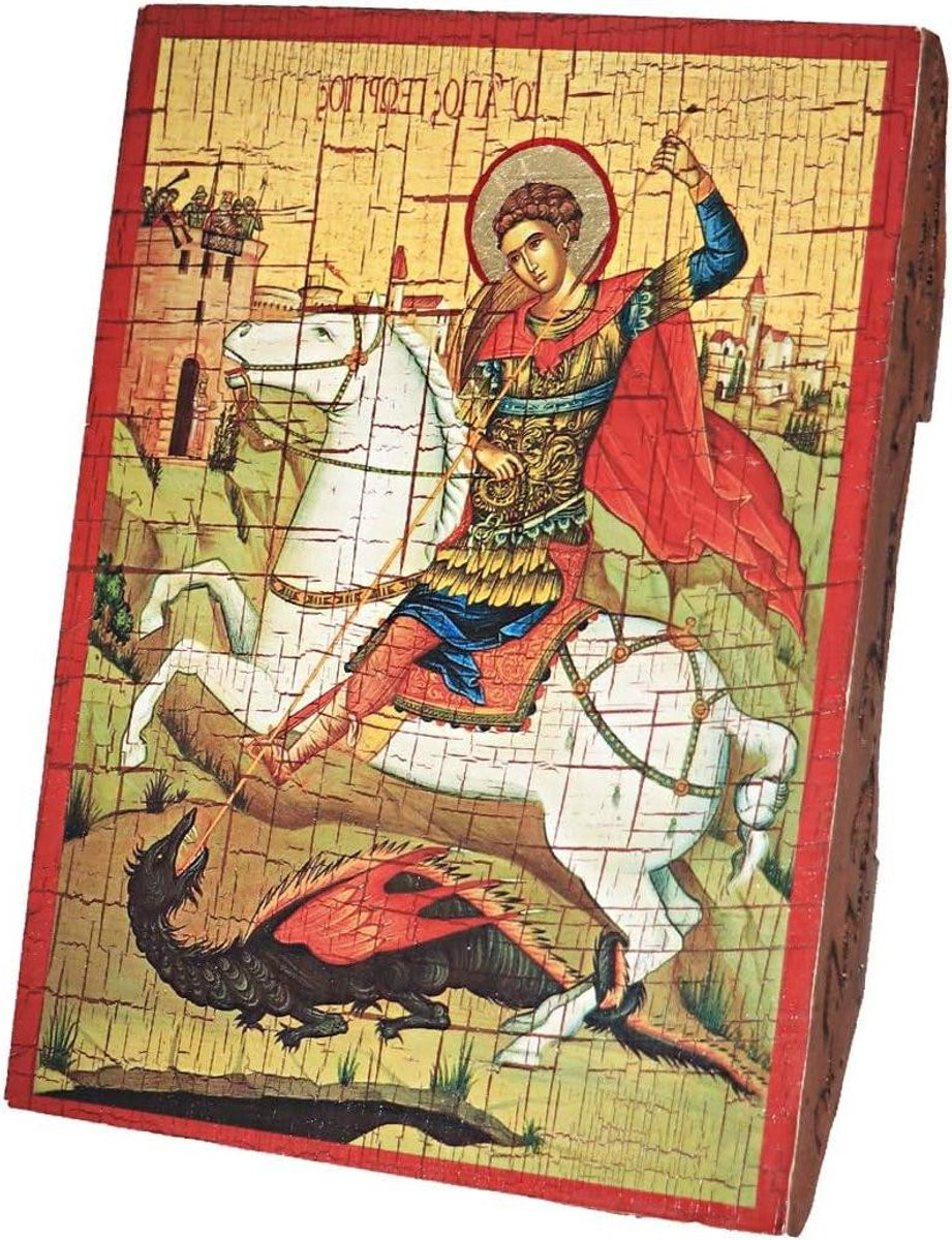 Handgemaakt houten christelijk icoon van Heilige George - Religieuze decoratie - 16 x 125 cm