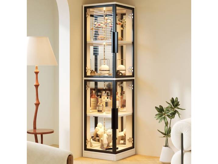 Vitrine 44x42x164 cm Blanche avec Fond Miroir LED et Verre Double Face