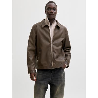 Bikerjacke JACK & JONES "JJECASABLANCA PU JACKET NOOS", Herren, Gr. S, braun (chocolate braun), Web, Obermaterial: 100% Polyester, unifarben, regular fit, Jacken, mit Fronttaschen