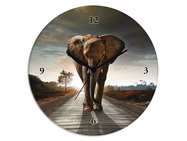 ARTLAND Wanddeko Wanduhr ohne Tickgeräusche Glas Quarzuhr Ø 30 cm Rund Lautlos Elefant auf Straße