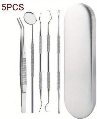 Uplifted Trends Tooth Cleaning Kit With Tongue Scraper Tweezers & Toothpick Tools Non Slip Handle And Convenient Storage Case 5pcs
