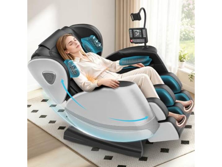 Gegcucey Ganzkörper Massagesessel mit Rollen & Airbags für Massage, Zero Gravity mit Bluetooth Lautsprecher und Touchscreen, Heizfunktion für Taille & Beine, mit Fußmassage für Hause/Büro (Hellgrau)