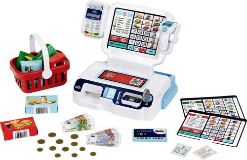 Theo Klein 7265 Selbstbedienungskasse I Scanner mit Licht & Sound I Display für 3 Themen I Warenkorb, Spielgeld, u.v.m. I Spielzeug für Kinder ab