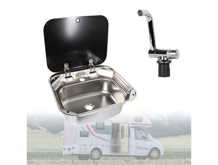 WOTZOV Edelstahl-Spüle, Barspüle mit faltbarem Wasserhahn und Deckel, Einzelschüssel, Küche, Sin für Wohnmobil, Wohnwagen, Nassbar, Cafés, Farbe rechteckig mit Wasserhahn