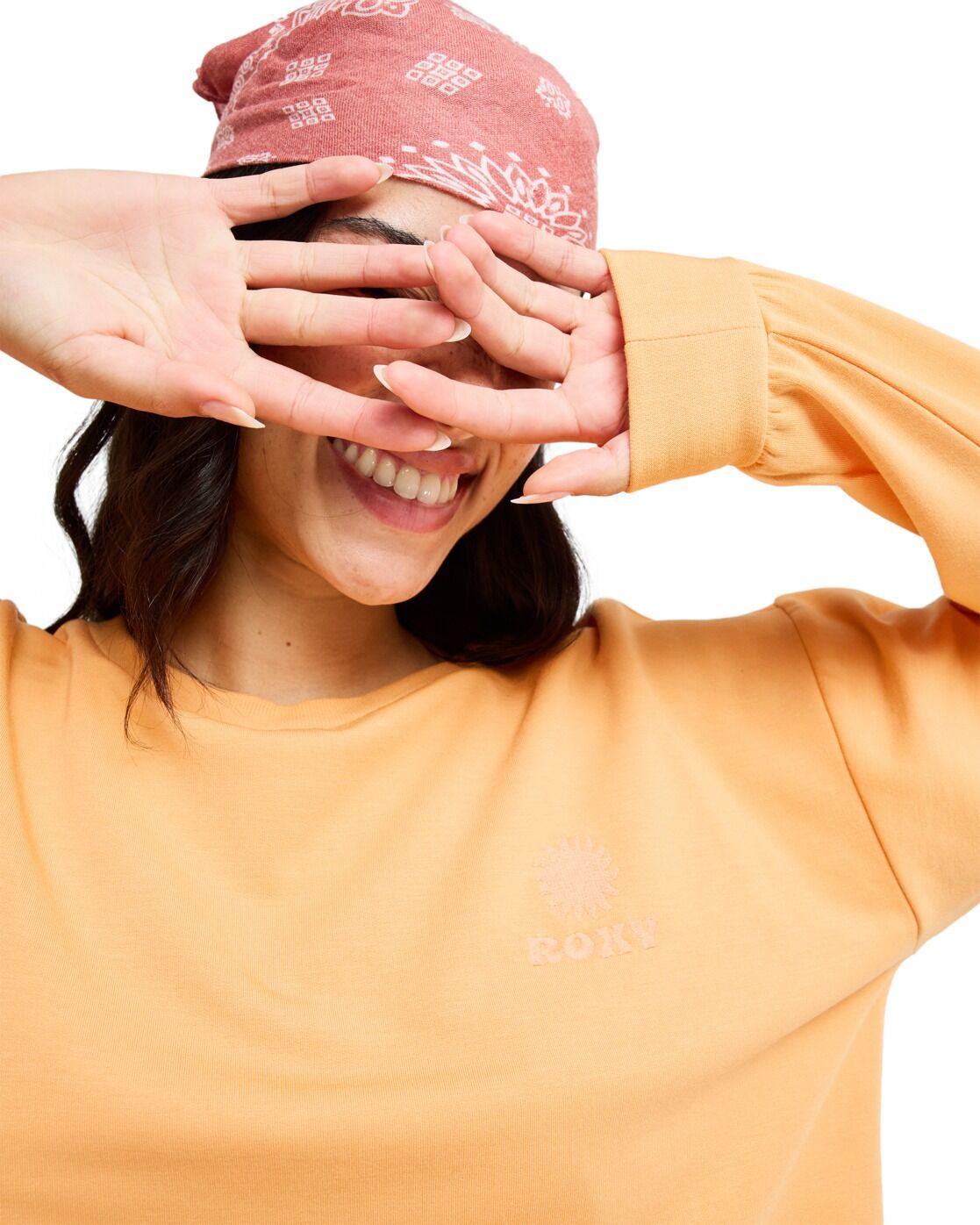 Fleecepullover ROXY "Surfing By Moonlight", Damen, Gr. L, papaya, Obermaterial: 68% Viskose, 29% Polyester, 3% Elasthan., Sweatshirts Fleecepullover papaya L