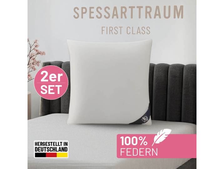 Federkissen SPESSARTTRAUM FIRST CLASS, Kopfkissen 1-tlg. oder 2-tlg. 40x80 oder 80x80 cm , weiss (weiß), B:80cm L:80cm, Bezug: 100% Baumwolle. Füllung: 100% Federn, Kopfkissen, Federkissen, hergestellt in Deutschland, allergikerfreundlich, im Set günstiger
