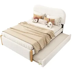 Merax 140*200cm Flachbett, gepolstert, mit praktischem ausziehbares Rollbett, minimalistische Formgebung, weiß