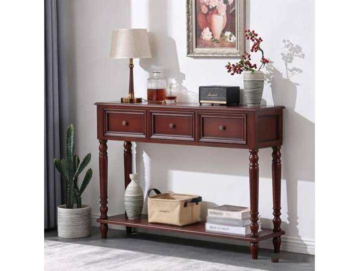 LEUBDIBR Massivholz‑Konsolentisch mit 3 Schubladen für Eingang und Flur Kiefernholz‑Konstruktion, 3 geräumige Schubladen, Größenauswahl, Wand‑Design(Dark Walnut,116cm/45.7in)