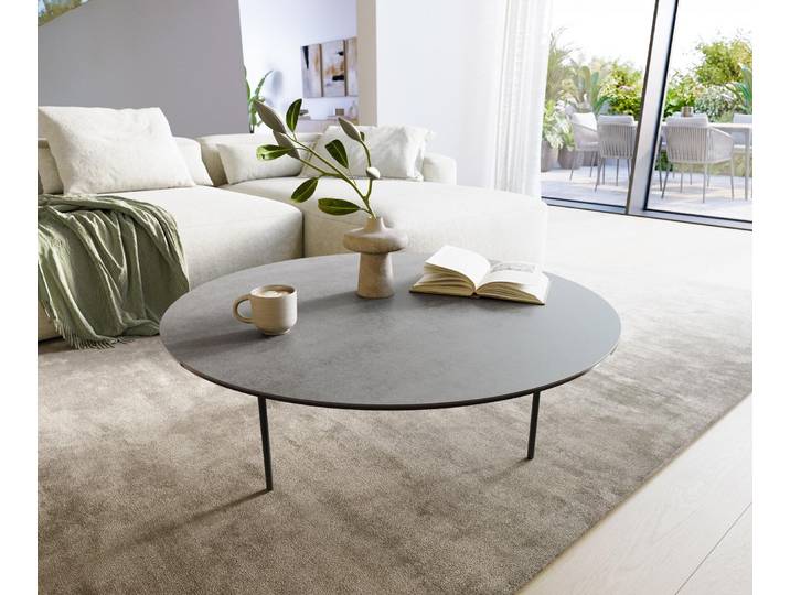 DELIFE Couchtisch Edge Rund 100x100 cm Keramik Beton Grau Trive Metall Schwarz