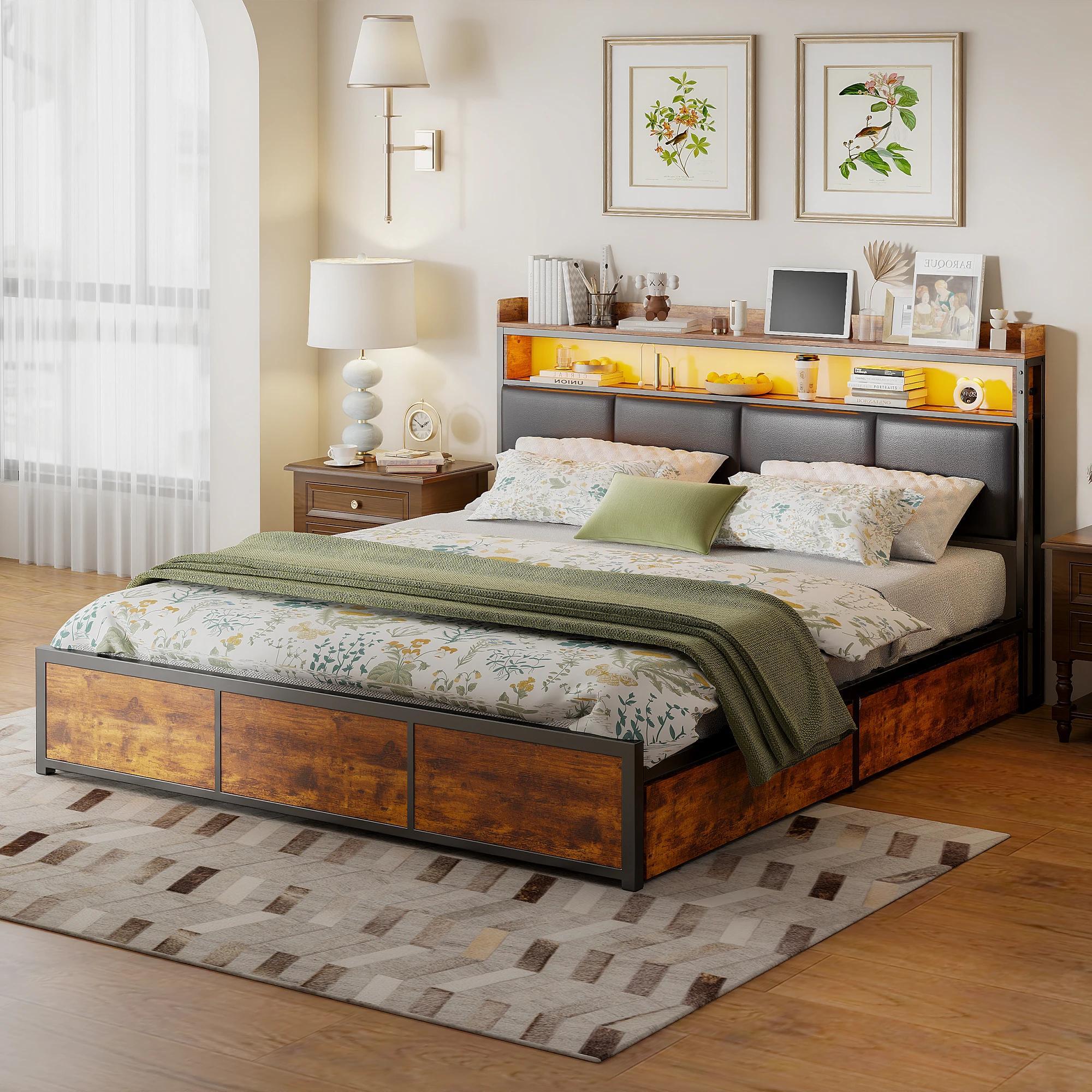 Doppelbett - Bettgestell - 140x200 cm - Metallrahmen - Kopfteil aus Kunstleder - 4 Schubladen - Industrieller Retro-Stil