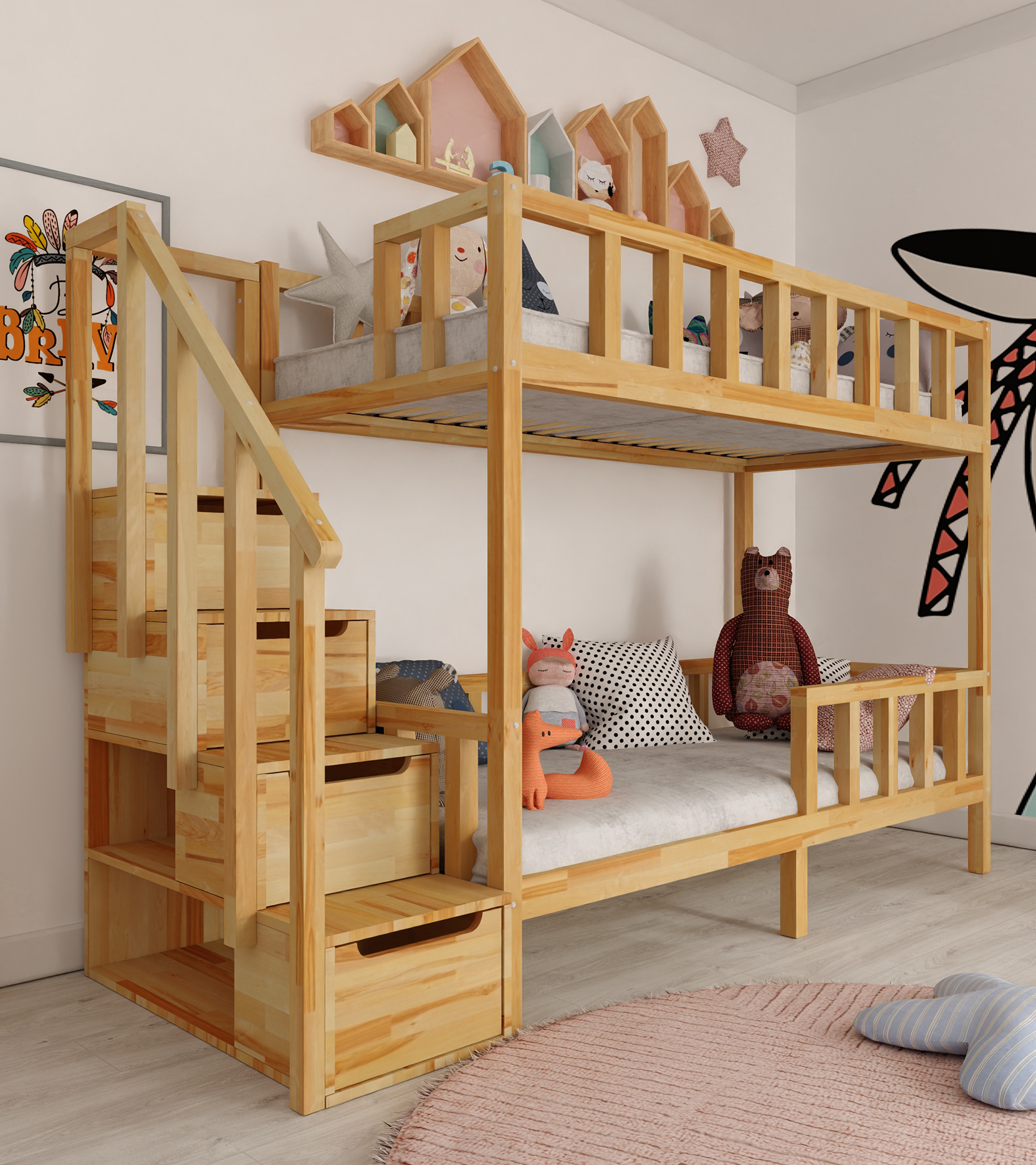 Etagenbett mit Treppe, seitlicher Einstieg, FILIP, naturbelassen, 160x90 cm