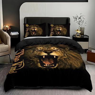Dreiteiliges Bettwäscheset mit Löwenkönig-Motiv, ideal für Hotelzimmer und komfortables Queensize-Bett.