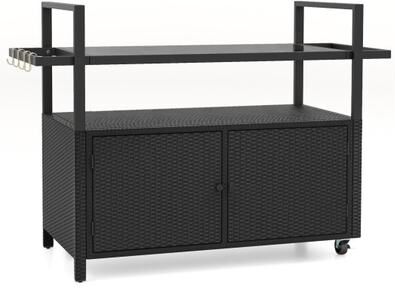 Costway Outdoor Bar Cart Wicker Buffet Serving Cart with Cabinet and 8 Hooks-Black