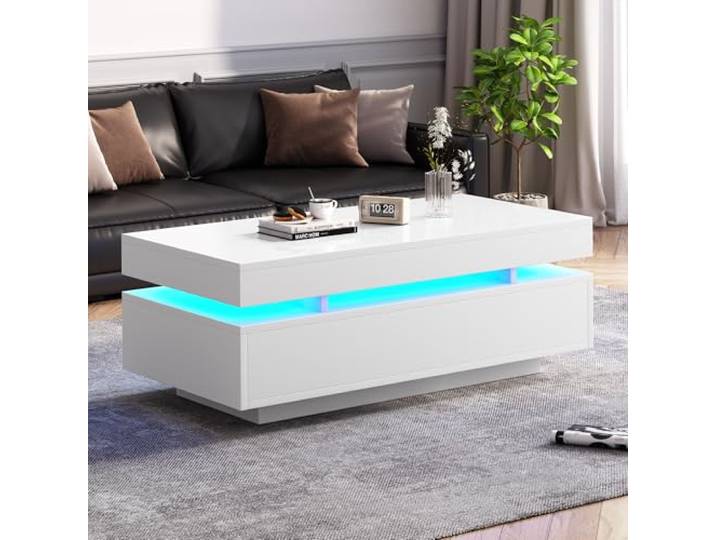 Merax Hochglanz Couchtisch mit LED, 100 x 50 x 35 cm,2 Schubladen,Weiß 2 Schubladen, LED-Ambientebeleuchtung, Hochglanz-Weiß, 30 kg Tragkraft und pflegeleichte Oberfläche für den Wohnraum