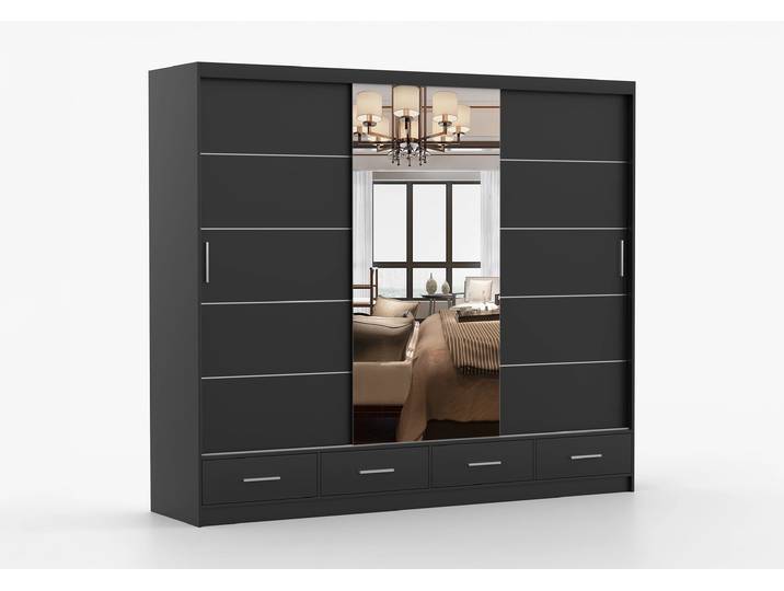 Schwebetürenschrank FLORENCE 250 cm Schwarz Schwarz + Spiegel