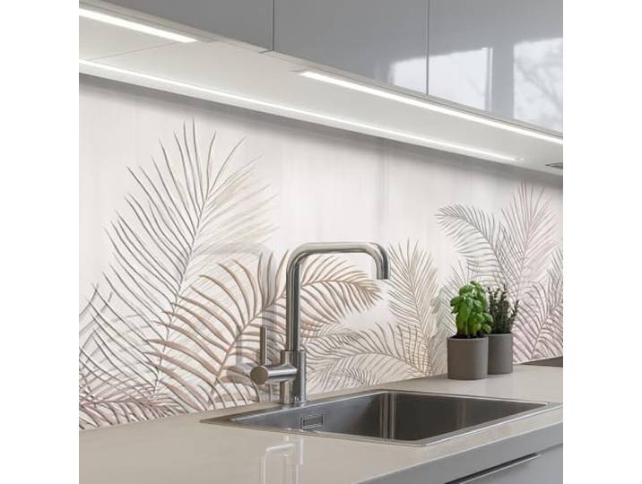 KitchenYeah© Rückwand Küche Rückwandschutz Selbstklebend Spritzschutz 80x250 cm - Küchenrückwand Küchenfront Küchen Selbstklebende Küchenrückwände Blätter - Beige - Botanisch - Vintage