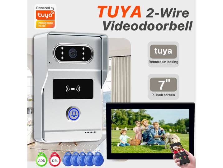 Système de sonnette vidéo Tuya 7 pouces avec écran tactile double ligne et fonction de lecture de carte, interphone intelligent pour villa, appartement, résidence