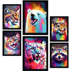 POSTER Set Mit 6 Katzen Und Bären Im Hochformat Lebhafte Aquarell Stil Illustrationen Von Lächelnde Tiere Innenarchitektur A3 & A4 Schwarzer Rahmen