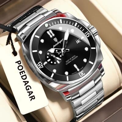 Inspire Select POEDAGAR Luxury Waterproof Men's Quartz Watch With Luminous Date & Dual Time silver Black