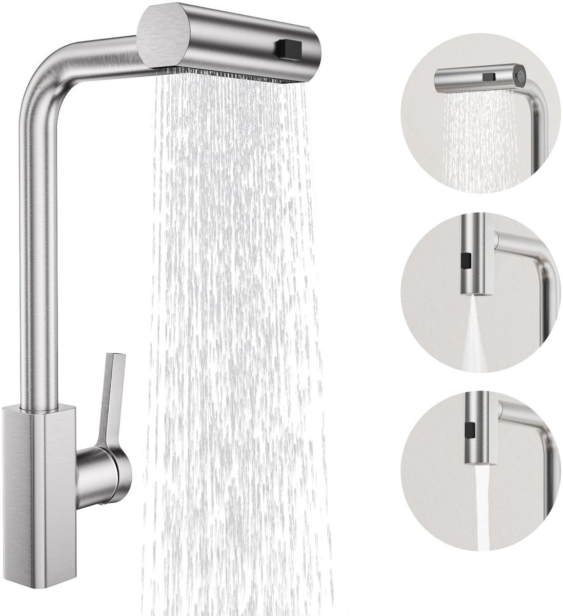 BESy Keukenkraan met uittrekbare handdouche, 360° draaibare spoegout, 3 straalsoorten en hoogdruk, Geborsteld RVS, Zilver
