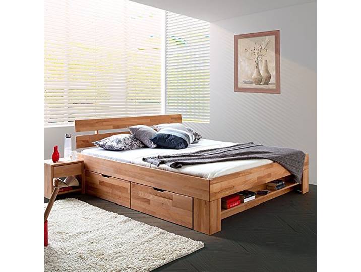 moebelstore24 Bett Futonbett Kernbuche-massiv geölt 140x200 cm inkl. 4 Bettkasten auf Rollen und Fußteilregal Sofie