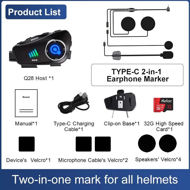 INF Bluetooth-Headset für Helme, 2-in-1, weiches und hartes Mikrofon, Schwarz
