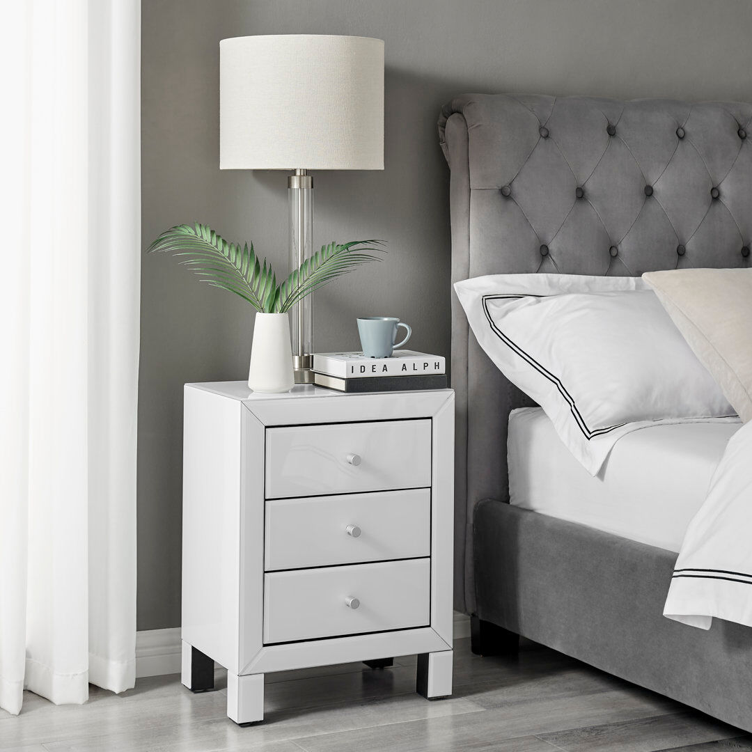Latitude Run Mackynsie Mirrored Bedside Cabinet With 3 Drawers - Modern Luxury Bedside Table Nightstand White 60cm H X 45cm W X 30cm D