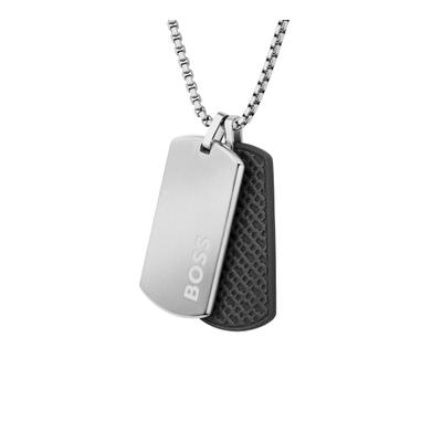 Kette mit Anhänger BOSS "DEVON", silber (edelstahlfarben, schwarz), Halsketten, Herren, Edelstahl Leder, L: 56 B: 2mm, Edelstahl, Leder, B:2mm