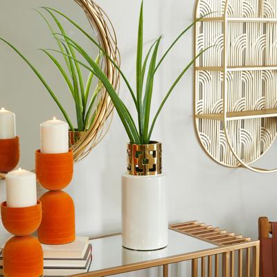 CosmoLiving by Cosmopolitan White Ceramic Decorative Vase with Gold Cut Out Accents