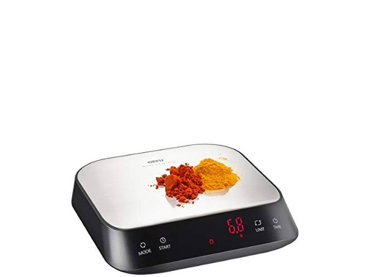 GEFU Digitalwaage PREZISO - Feinwaage 0,1 g - 3 kg Küchenwaage Edelstahl Präzise Kaffeewaage mit Barista-Funktion und Timer, LED-Display, ideal für Gewürze und Backen, inkl. Batterien