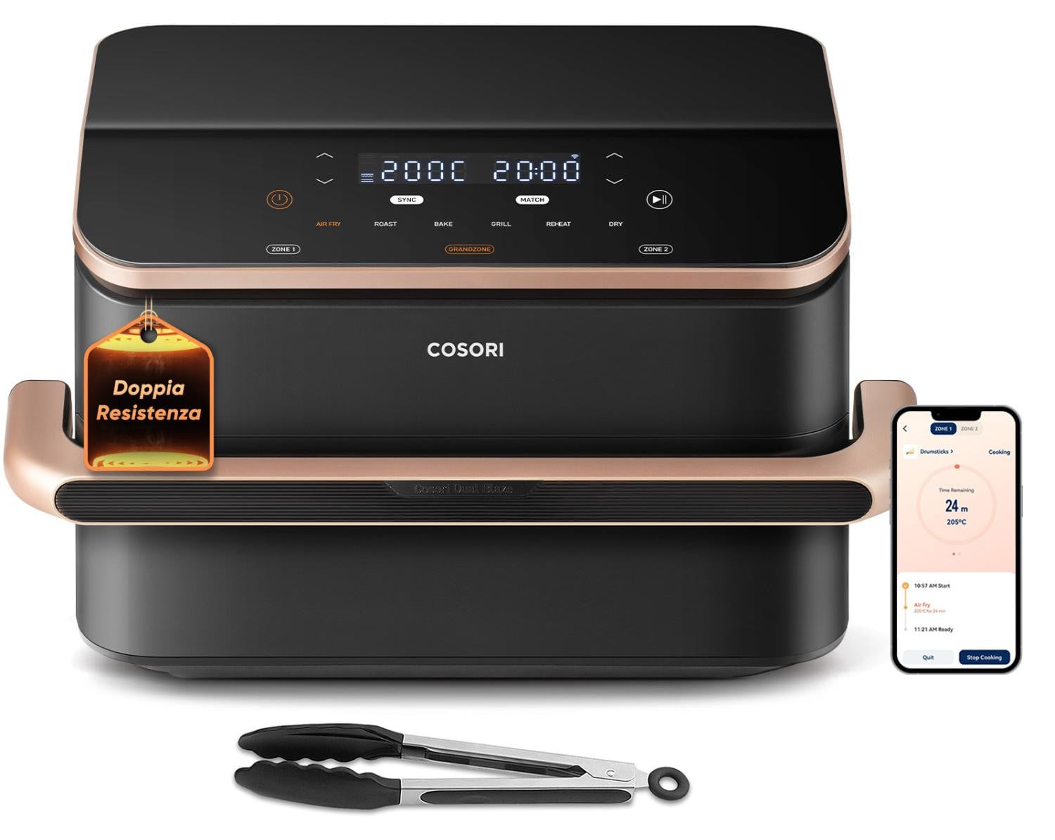 Cosori Dual Blaze Twinfry Chef Edition heteluchtfriteuse, 10 liter, dual zone, donkergrijs met roze goud en keramische coating