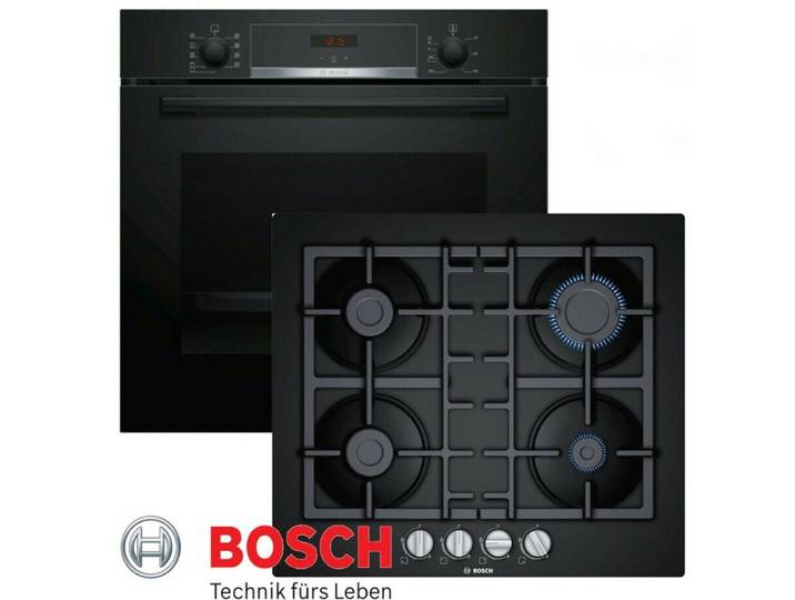 BOSCH Gasherd-Set Gas Autark Elektro Backofen Schwarz Teleskop + GAS Kochfeld Glas, mit 1-fach-Teleskopauszug, -Reinigungsassistent: Weniger Reinigungsaufwand dank neuer Reinigungsoption speziell für leichte Verschmutzungen.