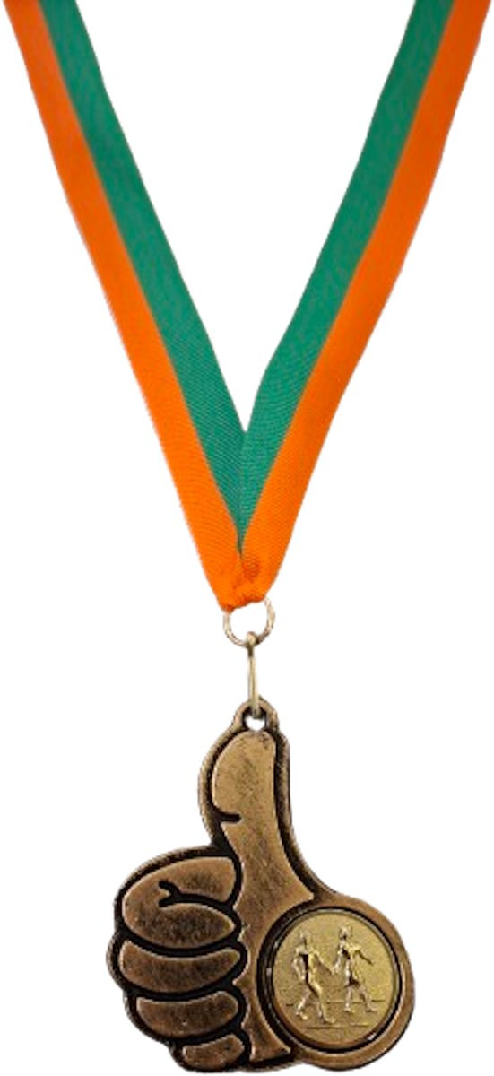 Wandelmedaille duim goud Nijmeegse Vierdaagse met groen-oranje lint