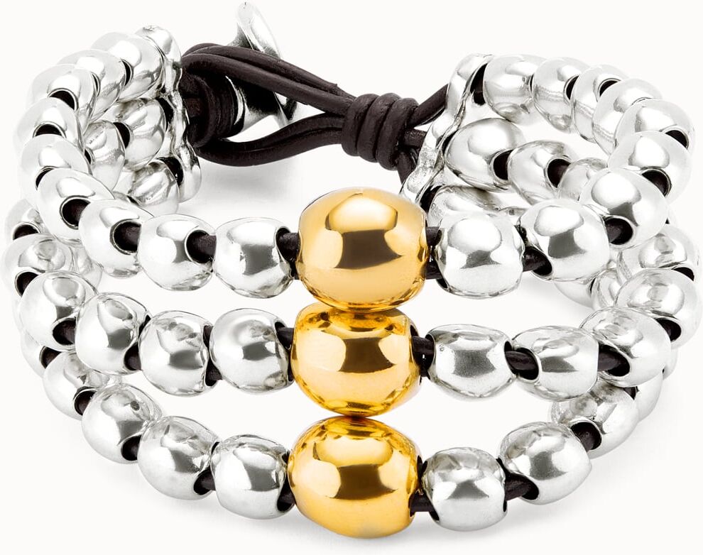 UNOde50 Pulsera de tres tiras de cuentas bañadas en plata de ley y bola en oro 18k Dorado L