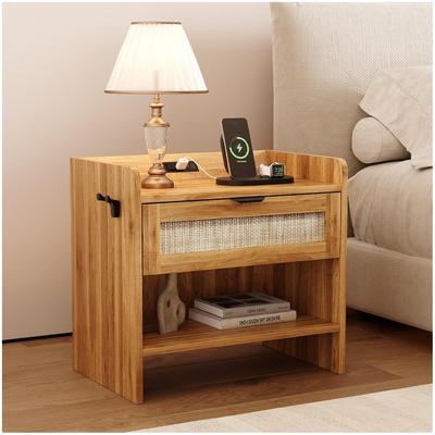 Garvee Walnut Rattan 1-Drawer Nightstand Type-C USB Storage