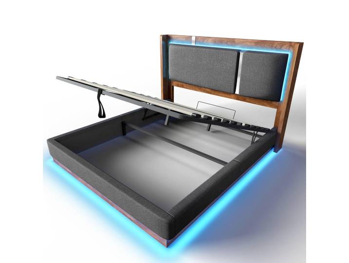 Oxeza Polsterbett 160/200 cm Grau mit LED und Bettkasten, ohne Matratze, Mode, 160x200 cm, Schlafzimmer, Betten, Polsterbetten