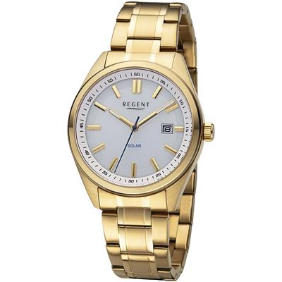 Solaruhr REGENT, gold (goldfarben, weiß), Armbanduhren, Herren, Armbanduhr, Herrenuhr, Datum, Edelstahlarmband, bis 10 bar wasserdicht