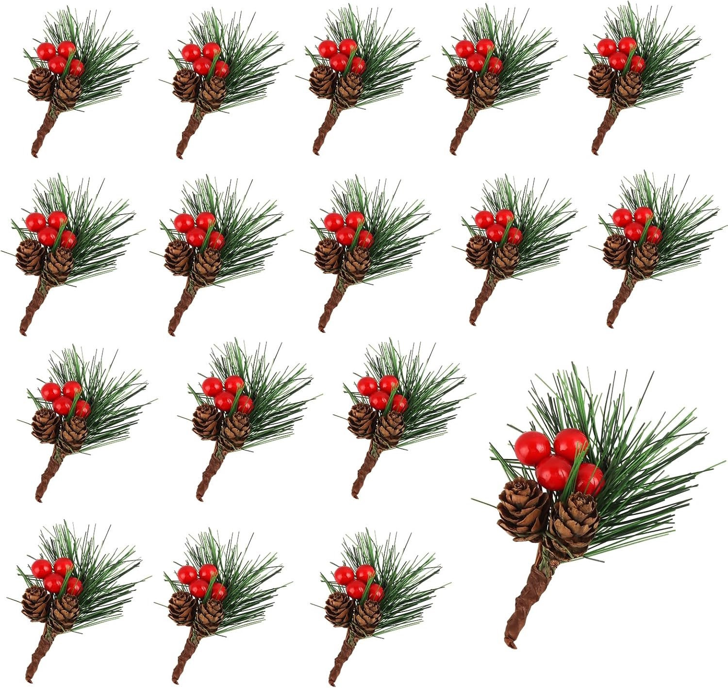 Luxento Kunstdennentakken met bessen en dennenappels, 24 stuks, kerstdecoratie voor knutselen