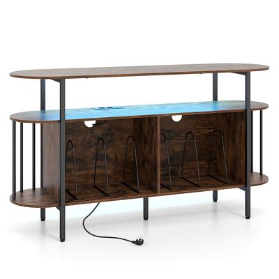 COSTWAY Plattenspieler Regal mit Steckdose & LED, Tisch mit Schallplattenablage & Fernbedienung, Rustikalbraun